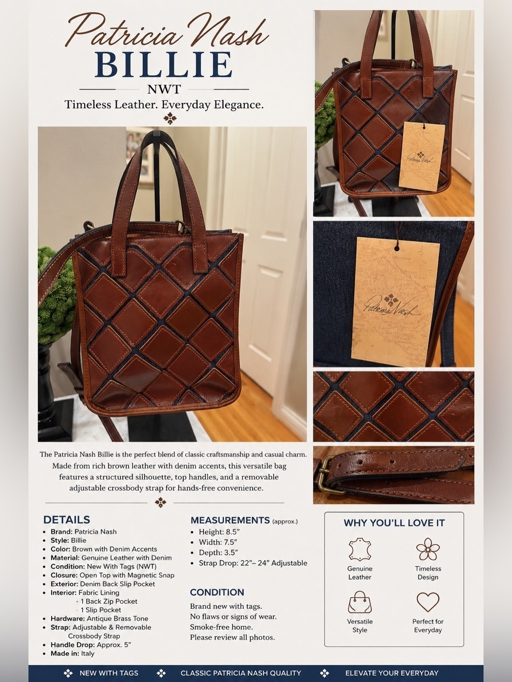 Patricia Nash Billie Mini Tote NWT Leather & Denim Patchwork Crossbody Bag